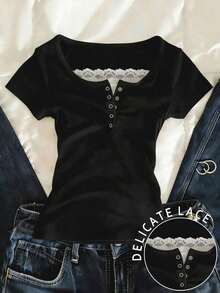 Camiseta de mujer de manga corta con efecto de dos piezas con encaje especial - Negro - Ver 1