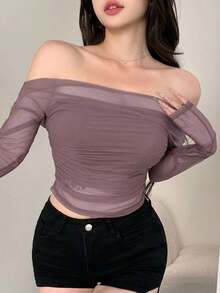 Blusa elástica de malla transparente con hombros descubiertos, para primavera/verano - Púrpura malva - Ver 4