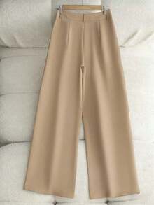 Pantalones casuales sueltos con bolsillos plisados de unicolor para mujer - Camel - Ver 2