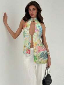 Top con cuello halter y espalda descubierta, asimétrico y sexy para mujer - Multicolor 3 - Ver 7