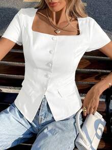 Camisa de unicolor sin mangas con cuello, top de estilo vintage retro para oficina - Blanco - Ver 4