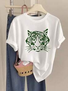Camiseta blanca Casual de las mujeres con estampde tigre verde manga corta alrededor del cuello YUCN - Blanco - Ver 2