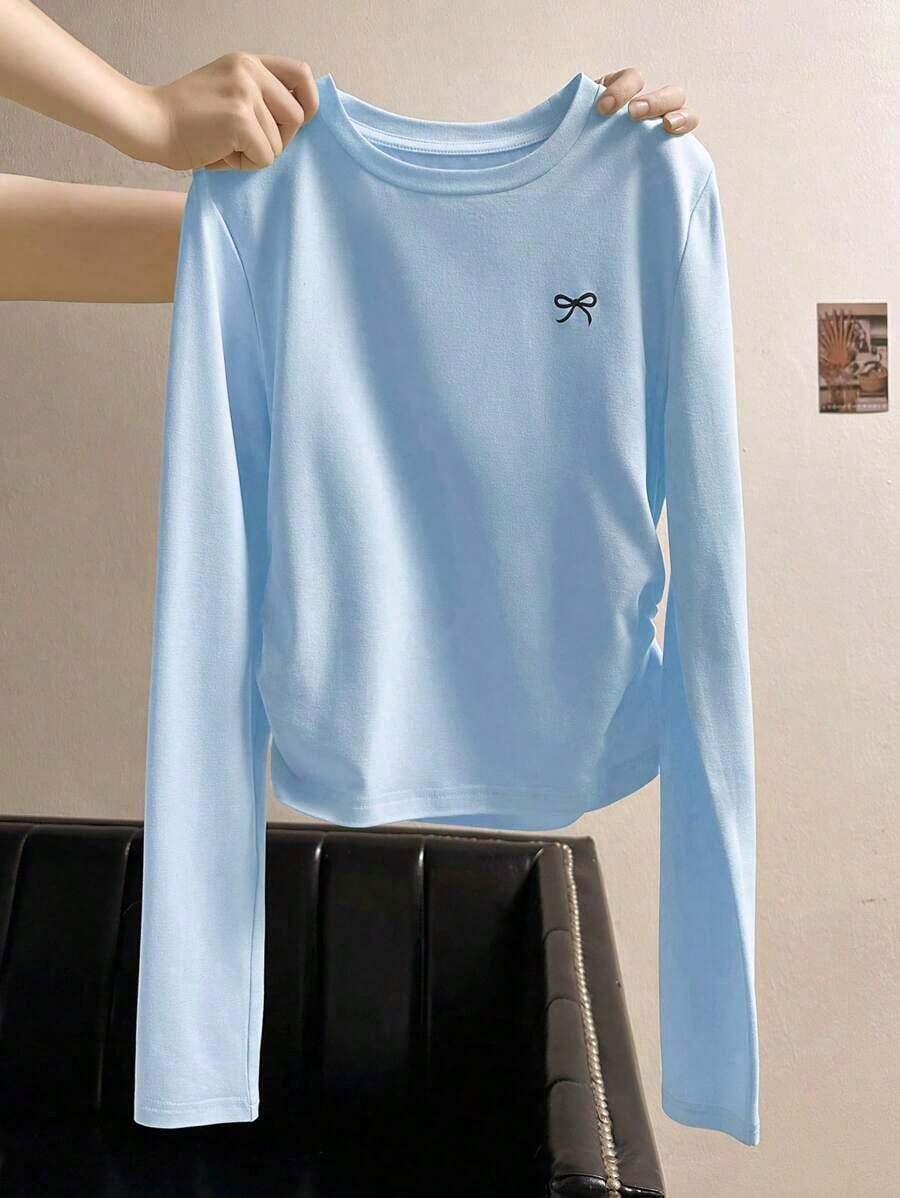 Camiseta casual de mujer con mangas raglán, estampado de lazo y contraste de color - Azul - Ver 1