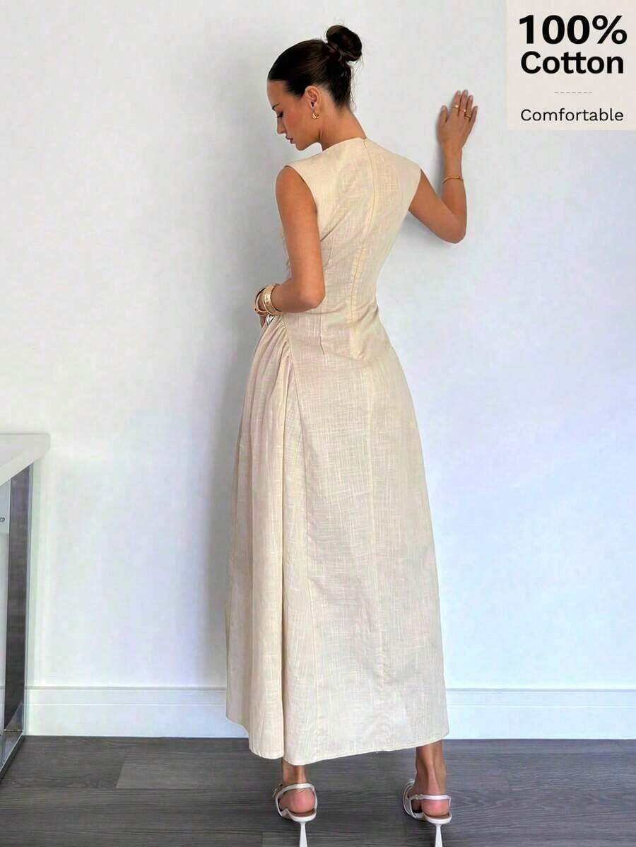 Vestido Largo con Cierre y Decoración Metálica para Mujer , Nuevo Vestido de Noche Elegante Negro de Verano para Eventos Formales - Albaricoque - Ver 1