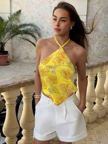 Top halter con espalda descubierta y lentejuelas sexy para mujer, ideal para verano, vacaciones en la playa, estilo bohemio, tropical, conciertos, festivales, country, Ibiza, Nashville, estilo occidental, boho, streetwear, gyaru - Amarillo - Ver 6