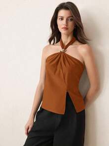 Top con cuello de halter, diseño de botón de metal verde, abertura lateral, elegante y chic para uso urbano y diario, estilo romántico retro de los 90.Adecuado para Navidad, Año Nuevo, San Valentín, fiestas, playa, graduación, moda, carnaval, bod - Marrón - Ver 4