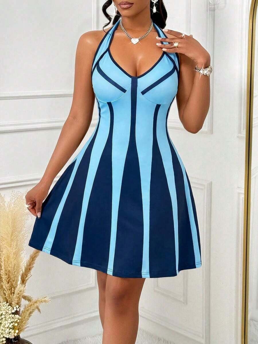 AIJ Vestido mini elegante de línea A sin espalda con contraste blanco y negro (estampado de colocación) para mujer de Amarilo - Azul marino - Ver 1