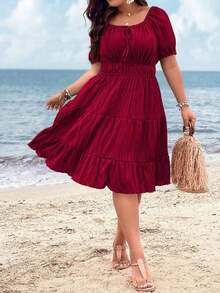 Clasi Vestido corto de manga corta en color burdeos de uso diario, sencillo y liso para mujeres de talla grande - Burdeos - Ver 4