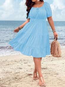 Clasi Vestido corto de manga corta en color burdeos de uso diario, sencillo y liso para mujeres de talla grande - Celeste - Ver 3
