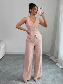 Elenzya Nuevo traje de encaje casual y elegante para mujer, con contraste de color de encaje y botones de perla, adecuado para el Día de San Valentín, Halloween, vuelta al colegio, primavera/verano, traje de oficina profesional, atuendo de maestra, trayecto, ocio, vacaciones - Rosa - Ver 7