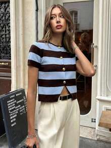 Blusa de punto de manga corta con botones y rayas de contraste para mujer - Multicolor - Ver 4