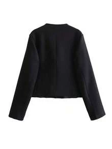Chaqueta minimalista de mujer de unicolor con botones delanteros y mangas largas, elegante y casual, ligera para primavera y otoño, color negro - Negro - Ver 4