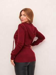 Women's Knitted Jacket With Hood And Zipper, Modal, Comfortable And Stylish, Winter SD3002 - Burgundy - View 3
