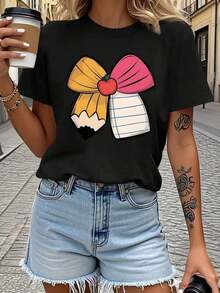 Women's Casual T-Shirt - Bow, Pencil, Notebook, Apple And Teacher Theme Print, Short Sleeve, Breathable, Casual Fashion For Daily Wear, Machine Washable, Round Neck, Travel T-Shirt, Summer Clothes, Modern Design, Lightweight, Fashionable Women's T-Shirt, Summer Essential. - 黑色 - 查看 1