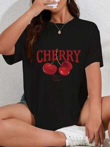 1pc Women's Plus Size Summer Cartoon Print Short Sleeve T-Shirt 100% Cotton 100% Cotton 100% Cotton 100% Cotton - 黑色 - 查看 6