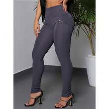 Women's Riding Pants With Grosgrain Fabric, Zipper On Front Pocket, High Waist - Lead Gray - View 2