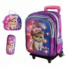 Set de 3 Piezas Mochila Escolar Infantil para Niños y Niñas, Mochila Escolar con Ruedas Opcional, Incluye Bolsa de Almuerzo Térmica y Estuche para Lápices, Diseño de Dibujos Animados de Astronauta Fútbol Gato Kawaii, Gran Capacidad Ergonómica, para Estudiantes de Primaria, Ideal para Regalo de Inicio de Clases - GX-3T-4-16-morado+l - Ver 10