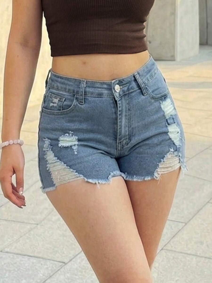 Women's Sexy Distressed Stretch Slim Fit Straight Leg Denim Shorts, Summer - Medium Wash - View 1
