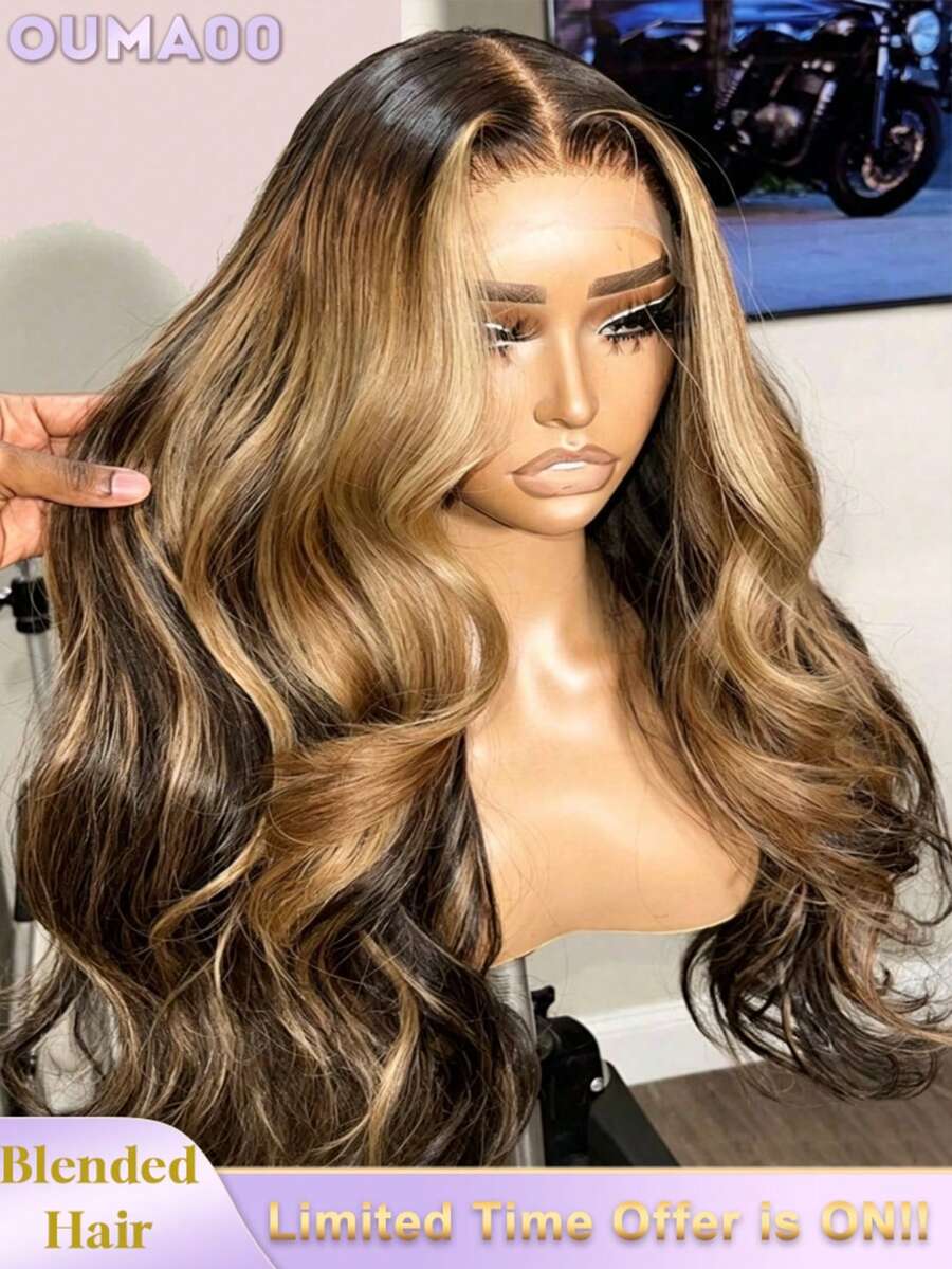Body Wave Lace Front Wigs Human Blended Hair Wide Lace 200 Density Human Blended Hair Wigs 13x4 Human Blended Hair Lace Front Wigs Pre Plucked 34Inches Natural Color