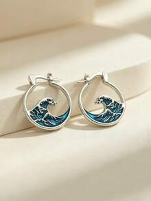 1 par de pendientes de aro redondos de esmalte con onda azul elegante estilo bohemio, adecuados para uso diario y vacaciones en la playa, un regalo de joyería versátil para mujeres - Plateado - Ver 6