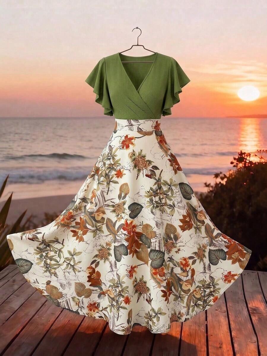 ajustado y acampanado con volantes y mangas de capa, con estampado de hojas de color rojo burdeos, para primavera/verano - Multicolor 4 - Ver 1