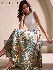 ALIAO Colorful Print Sleeveless Linen Dress, Elegant Resort Style For Women, Suitable For Weddings, Parties, And Casual Vintage Occasions Summer - Multicolor - View 1