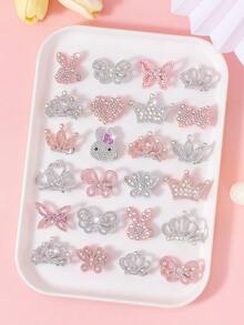 20pcs Random White & Pink Rhinestone Hollow Non-Woven Fabric Hair Clips, Shiny Rabbit Crown, Butterfly, Heart Shaped Hair Accessories, Cute For Girls, Party & Daily Wear - Multicolor - View 4