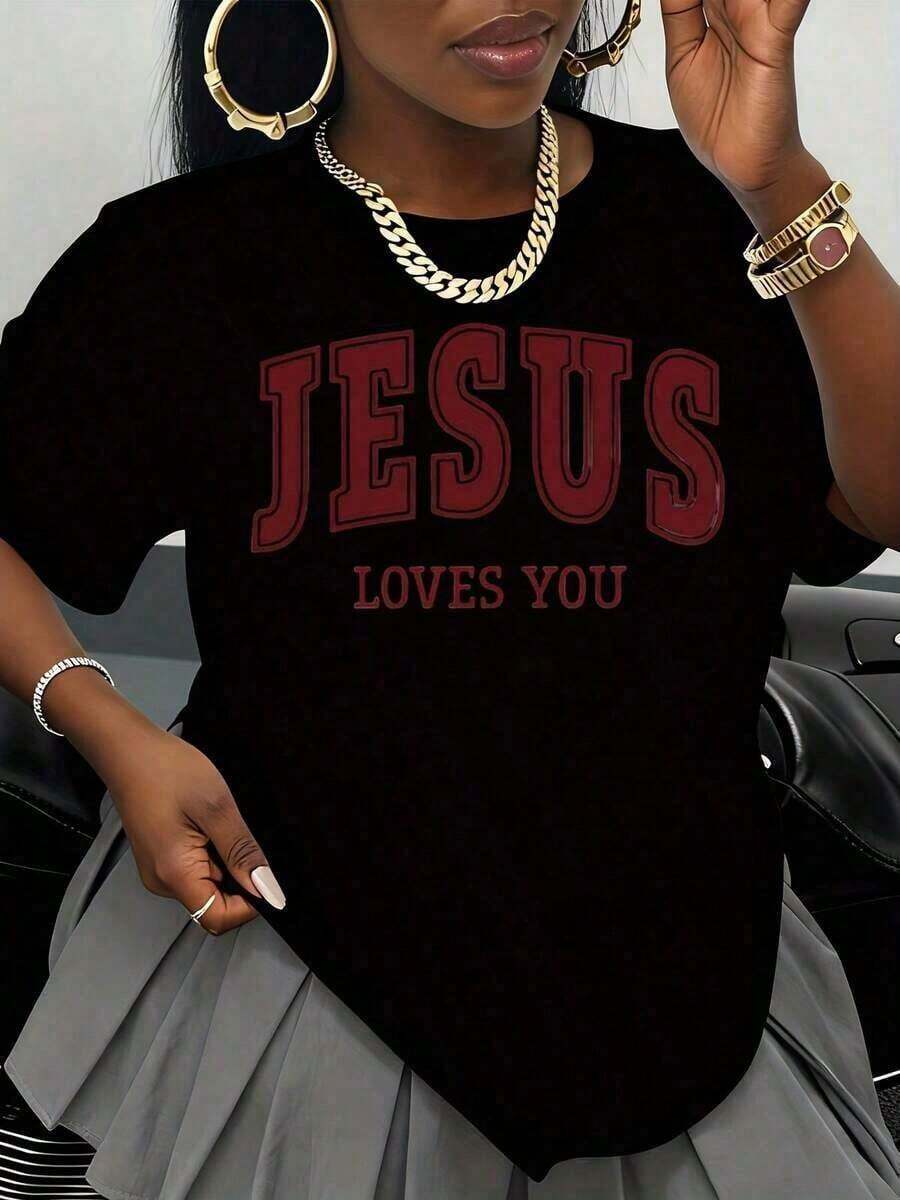 Vintage T-Shirt - Jesus Loves You - Red Religious Text Design, Casual Wear For Men And Women, Church Events And Everyday Wear, Fashion - 黑色 - 查看 1
