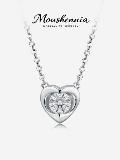 MOUSHEENIA Dây chuyền bạc sterling 925 hình trái tim đính Moissanite cho nữ, mặt dây chuyền Moissanite cắt tròn rực rỡ kiểu solitaire, dây chuyền Moissanite halo hình trái tim, quà tặng Valentine cho cô ấy, trang sức cưới kỷ niệm kim cương phòng thí nghiệm