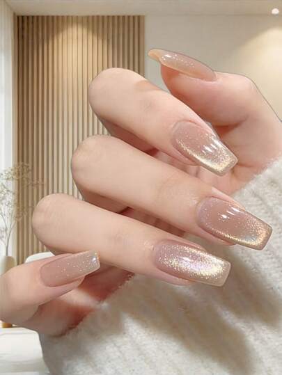 24 piezas de uñas postizas de color nude con diseño de ojo de gato, de longitud media y forma cuadrada, uñas postizas con patrón de ojo de gato, estilo gótico, manicura, set de uñas, regalo, uñas para damas, uñas lindas, uñas encantadoras, moda, vida curva