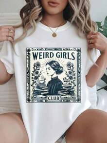 Women's Vintage Style Short Sleeve Casual T-Shirt - Weird Girls Club, Vintage Book And Flower Print, Crew Neck, Summer Top, Machine Washable, Women's T-Shirts, Casual Wear, Modern Style, Comfortable Fit

-WhiteFashion - 白色 - 查看 7