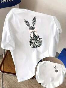 Plus Size Soft Breathable Women's Short Sleeve T-Shirts - Casual Loose Fit Tops For Everyday Wear, Short Sleeve T-Shirt With Front And Back Print - Happy Easter, Bunny Ears, Easter Bunny, Floral Print, Leopard Print Bunny, Rose Bouquet, Cute Bunny, Fashion Print With Heart Shaped Glasses - Spring/Summer Printed T-Shirt For Women, Fashionable Item, Breathable And Comfortable. - 白色 2 - 查看 1