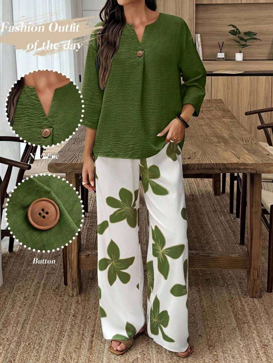 Conjunto de camisa de unicolor y pantalones con estampado floral para vacaciones - Multicolor 2 - Ver 1