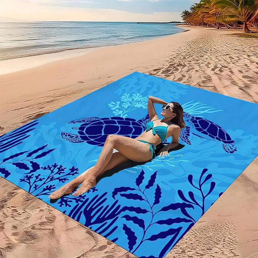 1pc Sea Turtle Patterned Beach Mat, Extra-Large Beach Mat, Lightweight And Durable. Ideal For Travel, Camping, And Picnics. Extra-Large Size For Adults. Highly Suitable For Beaches And Outdoor Adventures - C - View 1