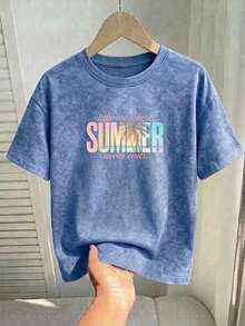T-shirt à manches courtes coupe régulière, style INS "Summer" avec imprimé graphique de slogan palmier, bleu délavé acide vintage, top d'été décontracté en tissu épais lavé - Bleu ciel - Voir 4