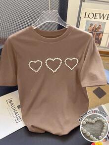 Camiseta de cuello redondo de color liso con detalles de lazo de pedrería de estilo minimalista - Caqui - Ver 1