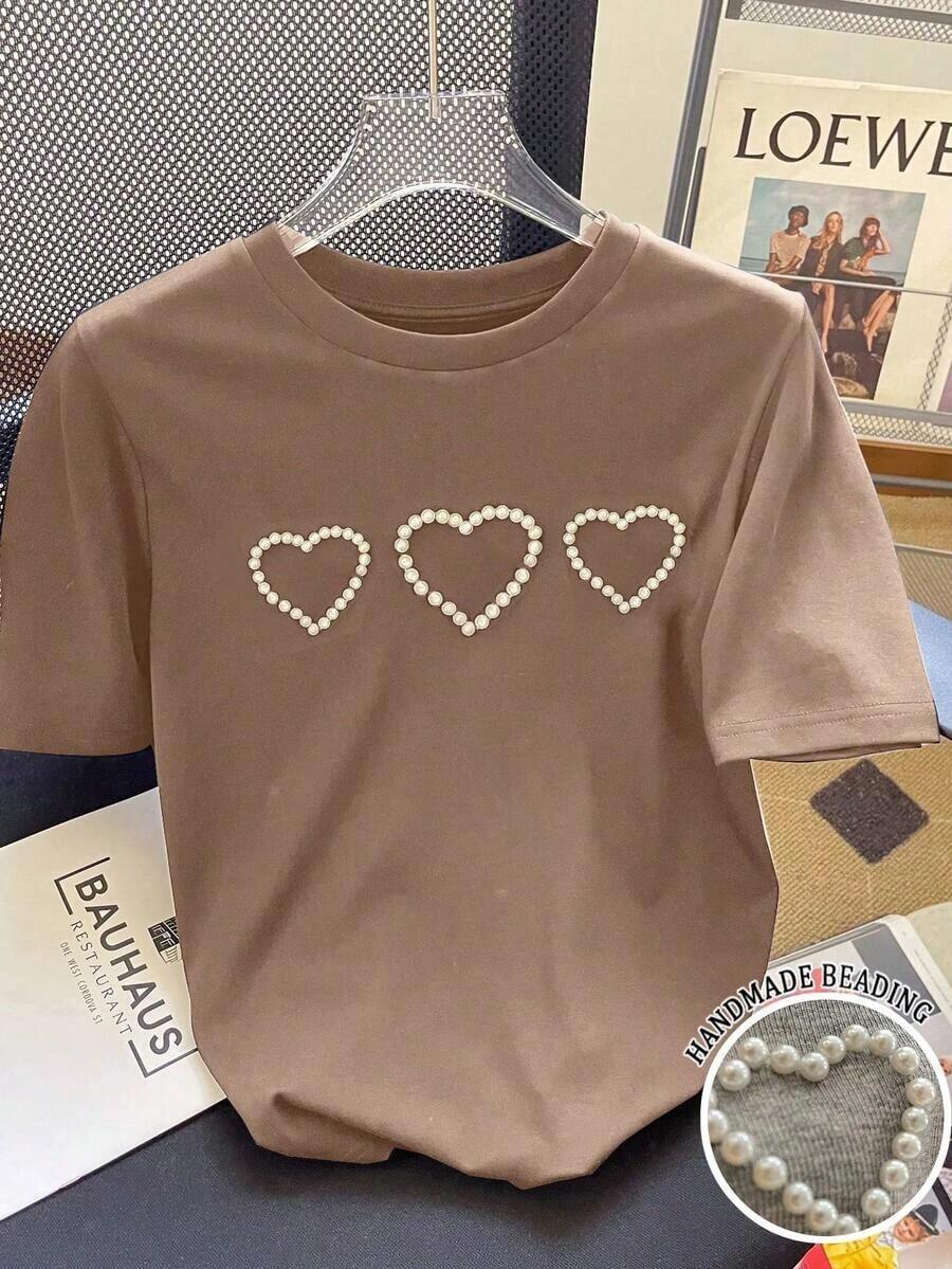 Camiseta de cuello redondo de color liso con detalles de lazo de pedrería de estilo minimalista - Caqui - Ver 1