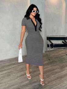 Vestido polo de manga corta a rayas blanco y negro de estilo minimalista y casual para ir al trabajo, vestido de punto de media longitud con ajuste ceñido y gran elasticidad, vestido elegante francés - Negro - Ver 4