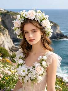 1pc Pastel Pink Faux Flower Wreath Headband, Girly Outdoor Photo Prop, Spring Floral Hair Accessory, Halo Headpiece For Photoshoot - Beige - View 3