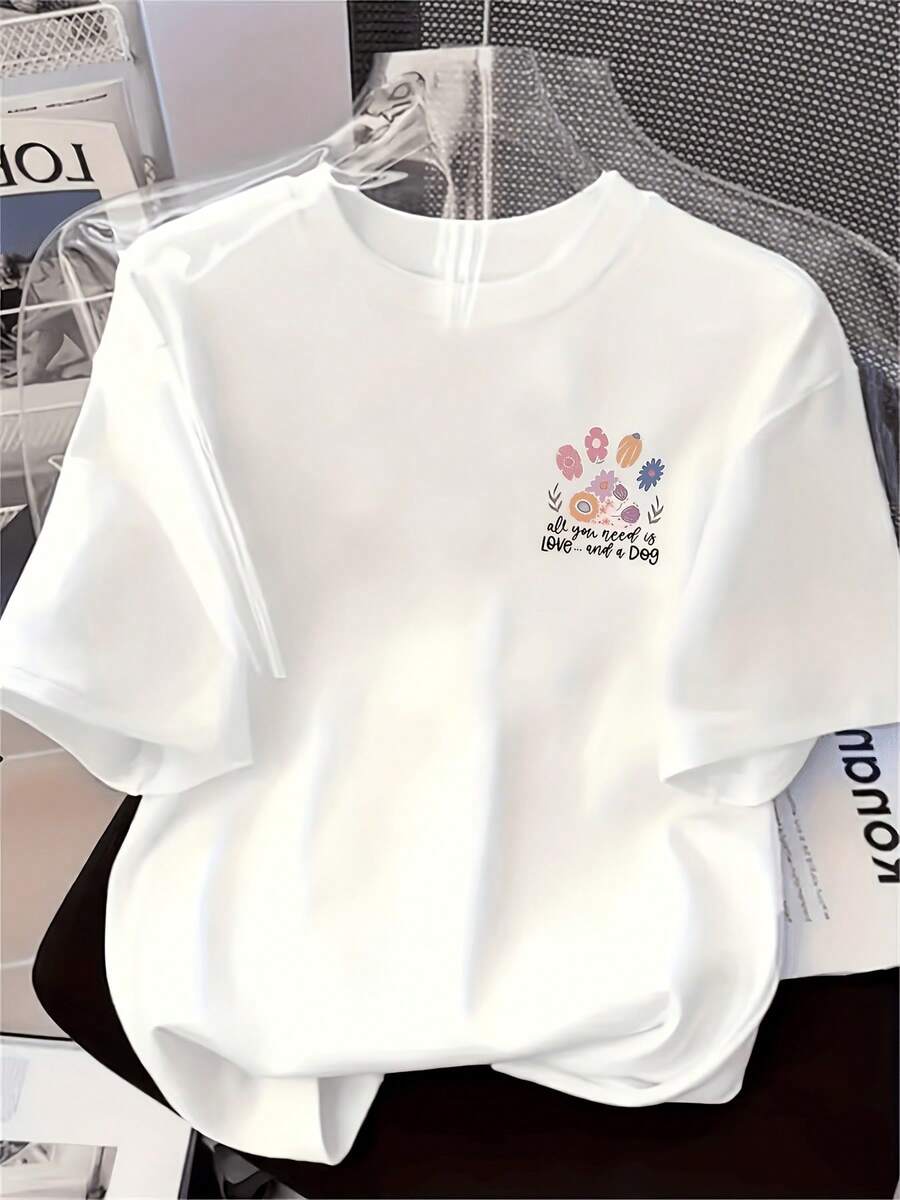 Camiseta de Mujer con Estampado Floral Casual para Uso Diario, Camiseta de Manga Corta para Damas - Blanco - Ver 1