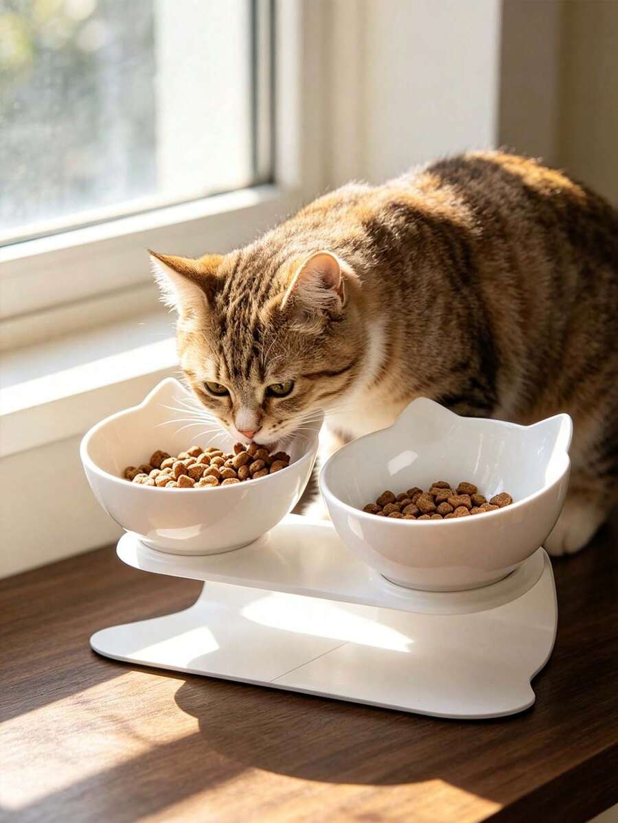 1个宠物碗，高领设计，防滑倾斜造型，适合猫狗饮水和进食，双碗设计，水碗