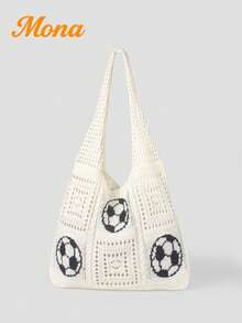 Bolso tote de diseño minimalista con tejido de crochet hueco, de gran capacidad y portátil, adecuado para adolescentes, mujeres, estudiantes universitarios, oficinistas, ideal para vacacione - Albaricoque 4 - Ver 7