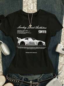 Camiseta Personalizada de Manga Corta con Cuello Redondo y Estampado de Lema para Mujer - Estilo Vintage Urbano, Camiseta Holgada de Algodón con Cuello Redondo y Manga Corta - Negro 4 - Ver 3