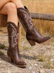 Fashion Retro Women's Cowboy Boots Pointed Toe Embroidery Block High Heel Pull On Wide Calf Cowgirl Boots Country Concert Outdoors Summer Boots - 棕色 - 查看 4
