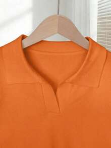 New 2026 Collection: Women's Solid Color Fitted Knit Blouse, Spring/Summer, White, Simple, Casual, With Roll Neck And Raglan Short Sleeves. Solid Color Blouses, Pink Blouses, Baby Pink Blouses. - 橘色 - 查看 3