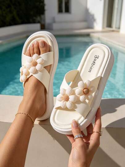 Thick Sole Sandals, Sandals, Thick Sole Shoes, Women's Sandals, Floral, Summer Shoes, Women's Slippers, Women's Summer Sandals, White, Thick Sole, Sandals, Summer, White Sandals, Comfortable Women's Sandals, Beach Sandals, Women's Outdoor Slippers, Flat Sandals, Apartment Slippers