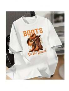 Men's Western Cowboy Boots Graphic T-Shirt - "Boots On The Ground" Design, White Crew Neck Short Sleeve Tee For Casual & Outdoor Wear - Comfortable, Breathable, Oversized Fit For Men, PLuS SiZe - 白色 - 查看 2