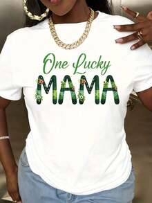 Women's "One Lucky Mama" T-Shirt For St. Patrick's Day, Green Floral Print, Casual Top, Mother's Day Gift - 白色 - 查看 2