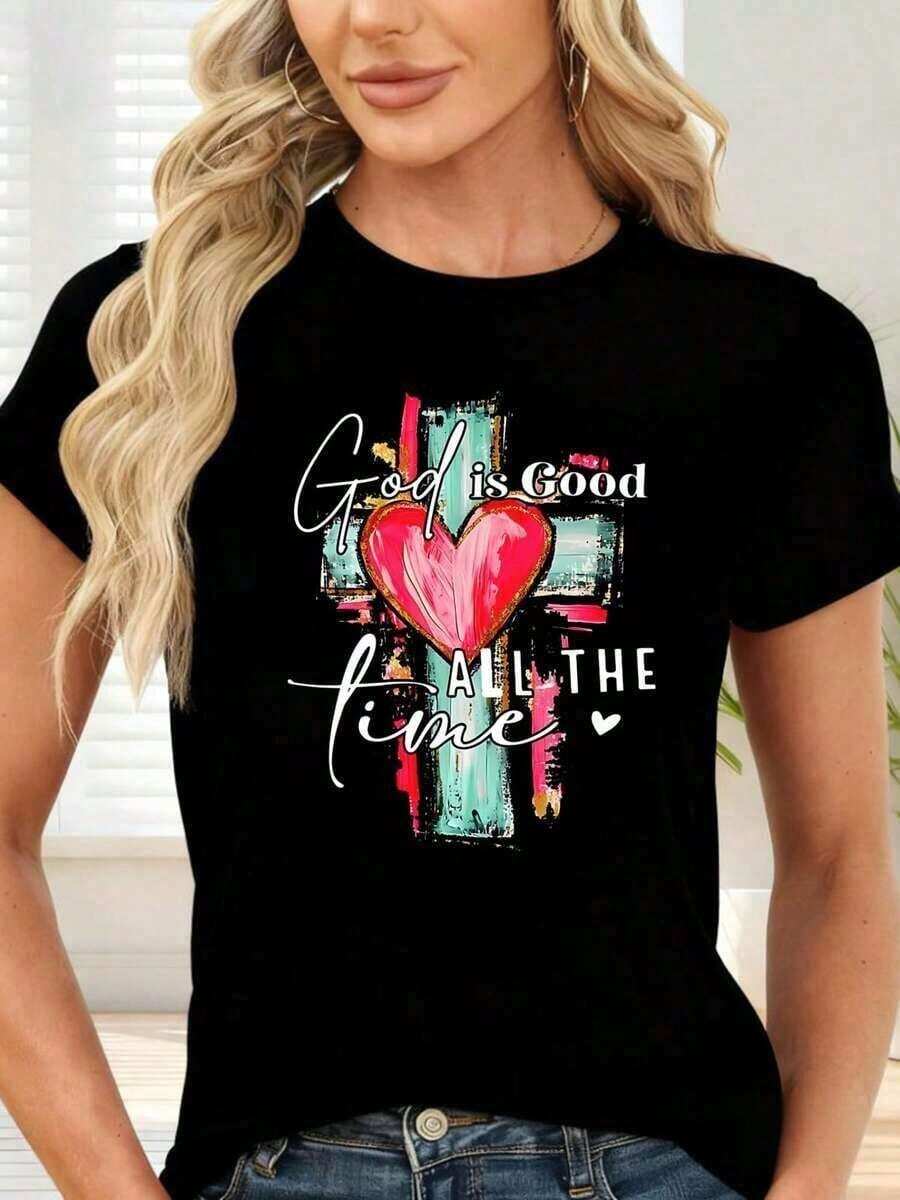 Camiseta de mujer1PSCCamiseta de con Estampado de Cruz y Corazón God is Good All the Time para Uso Diario y Ocasiones ReligiosasTshirtsCómoda y ligera - Negro - Ver 1
