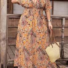 CURVE+ Curve Size Music Festival, Seaside Vacation, BohemiaRandom Print Pleated Elastic Waist Women Beach Dress, Summer Holiday Outfit - Multicolor - Ver 1